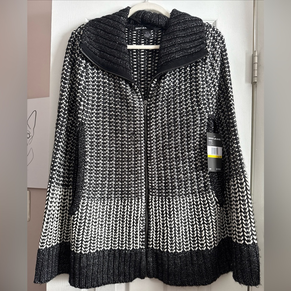 DKNY Black and White Knit Cardigan